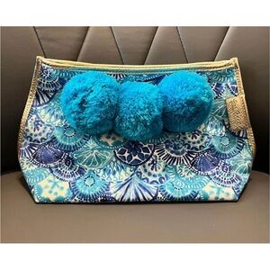 Lilly Pulitzer Blue and Gold Cosmetic Bag with Pom Poms